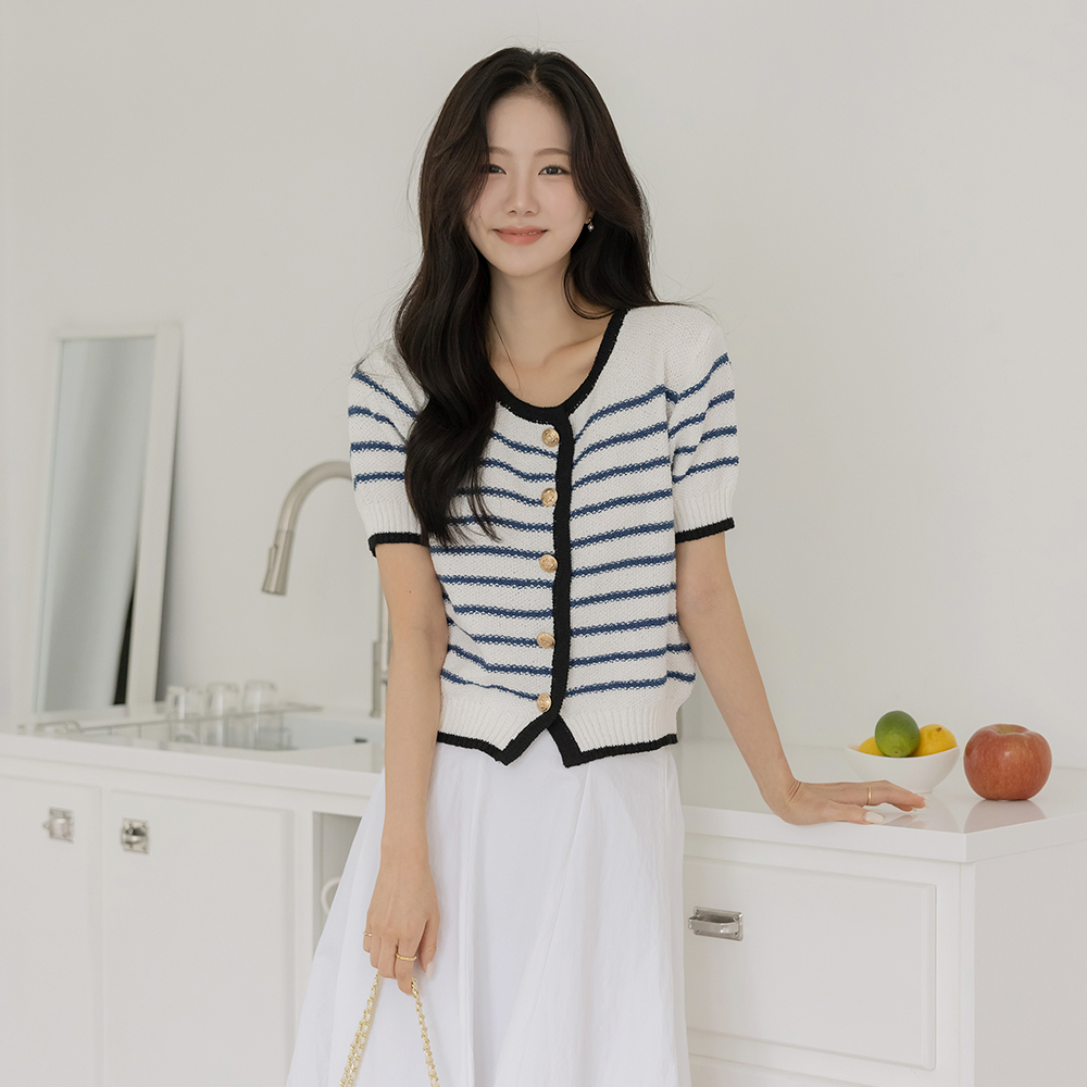 Marine Stripe Gold Button Short-sleeve Cardigan