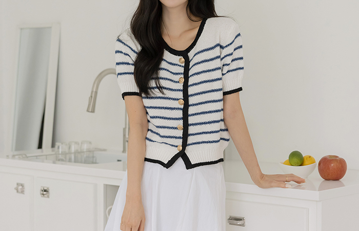 Marine Stripe Gold Button Short-sleeve Cardigan