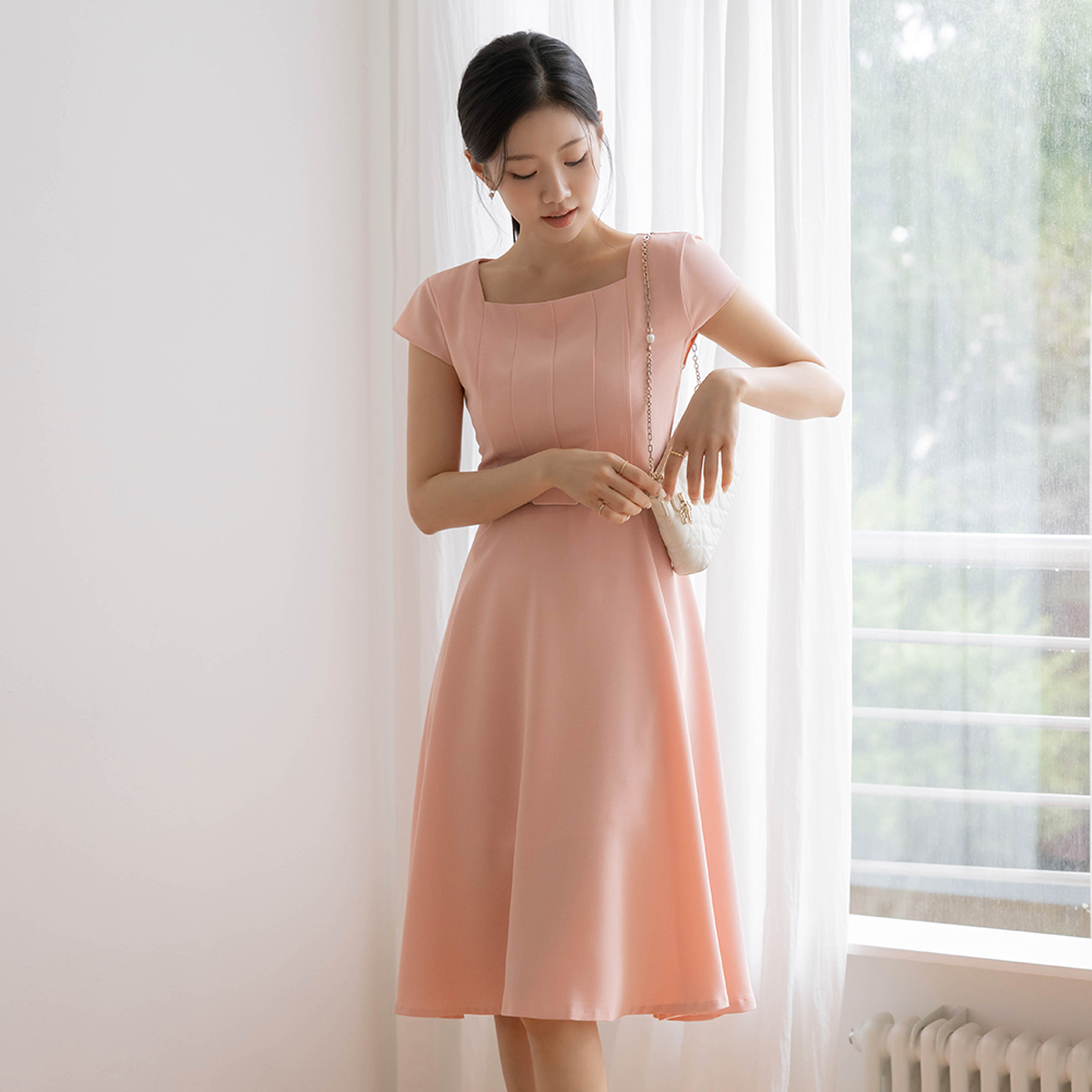 Cutting Square Neck A-line Dress(+Belt)