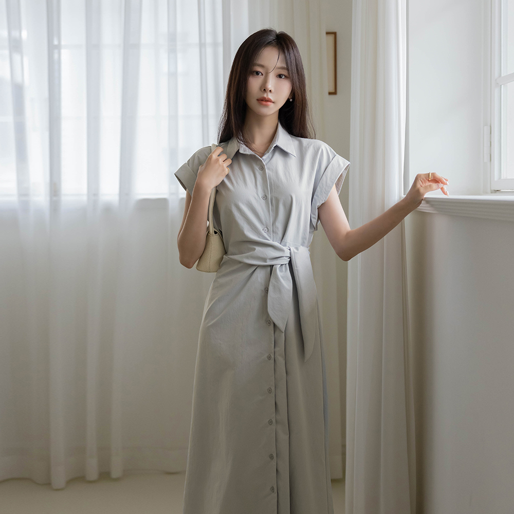 Knot Cap-Sleeves Shirt Dress