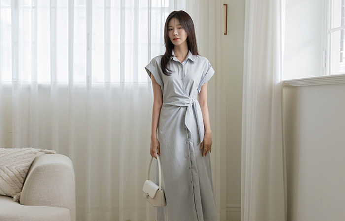 Knot Cap-Sleeves Shirt Dress