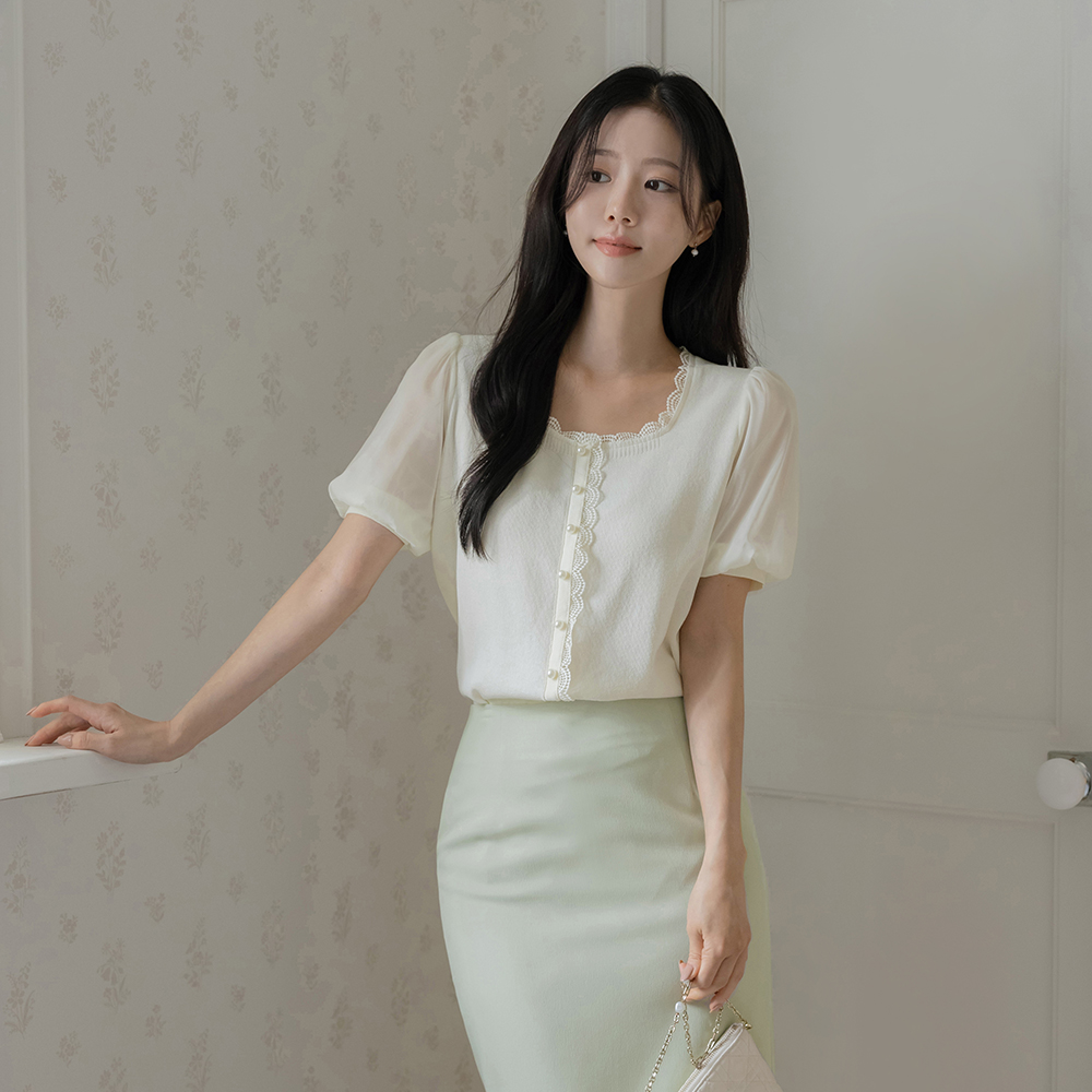 Lace Square Neck Pearl Puff Knit