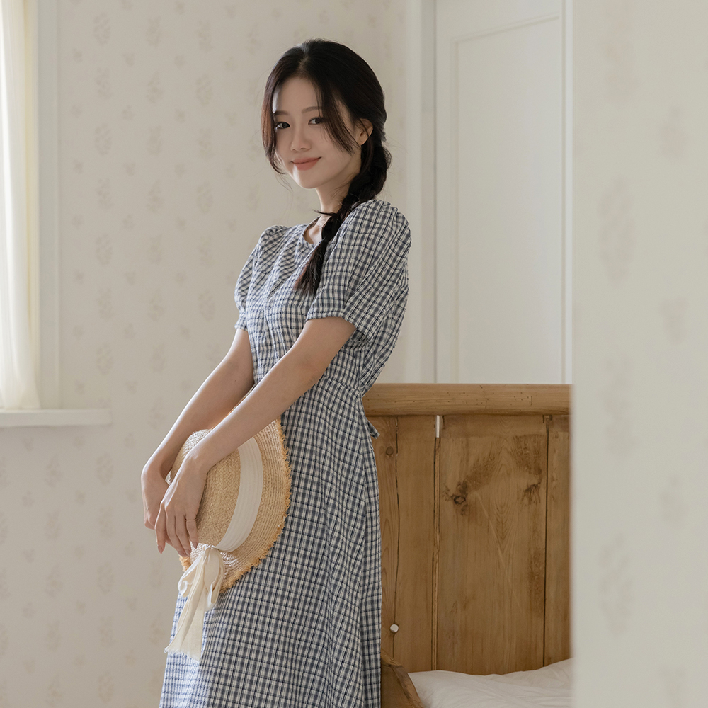 Sunny Check Back Ribbon A-line Dress