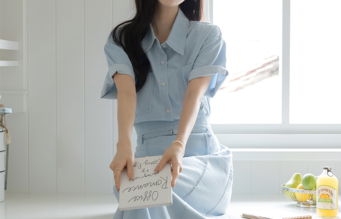 포카리 Denim Short-sleeve Shirt&Skirt SET(+Belt)