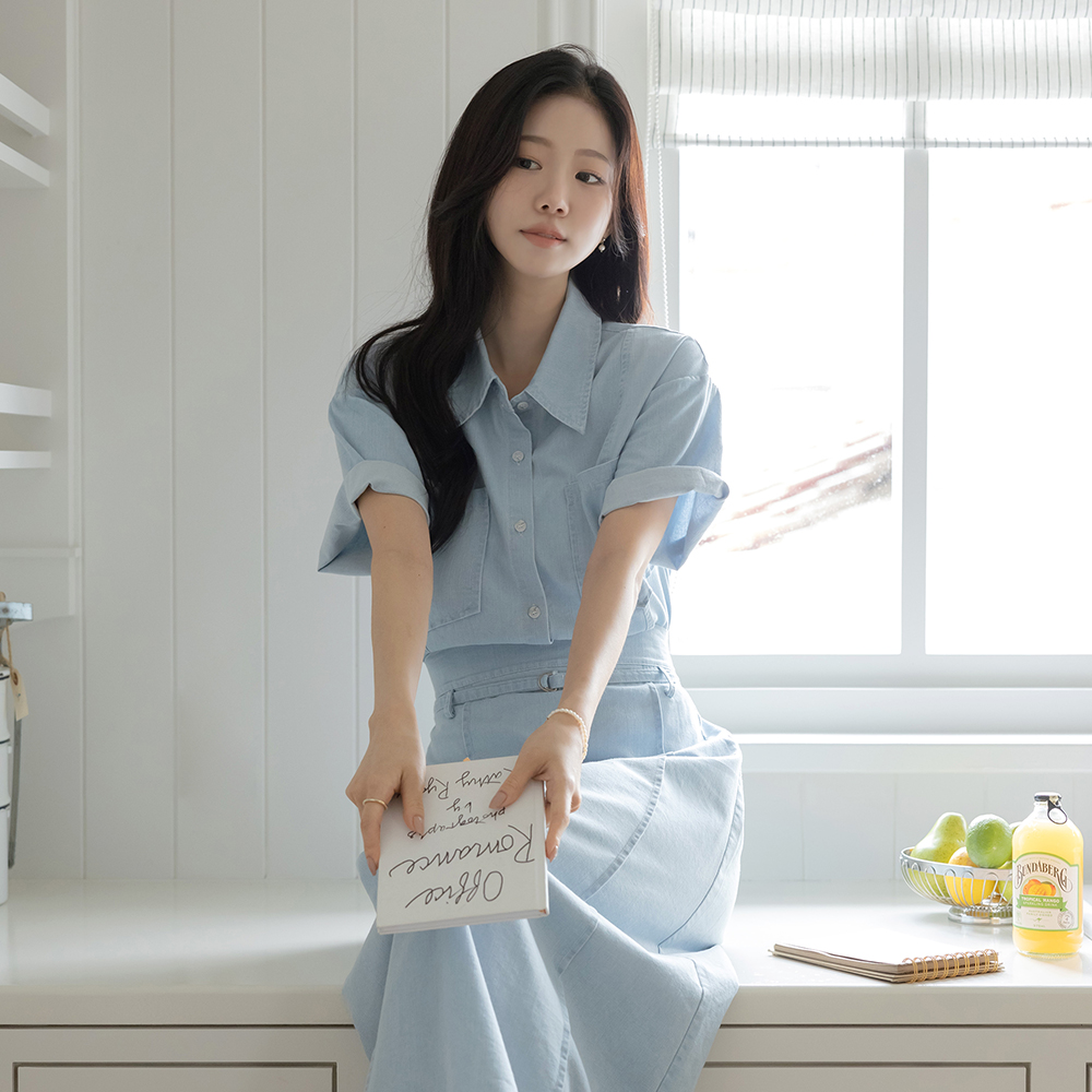 포카리 Denim Short-sleeve Shirt&Skirt SET(+Belt)