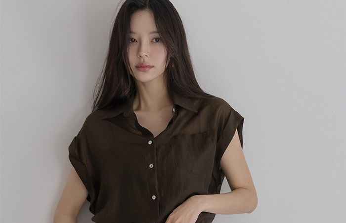 Polo Cap-Sleeves See-through Roll-up Shirt