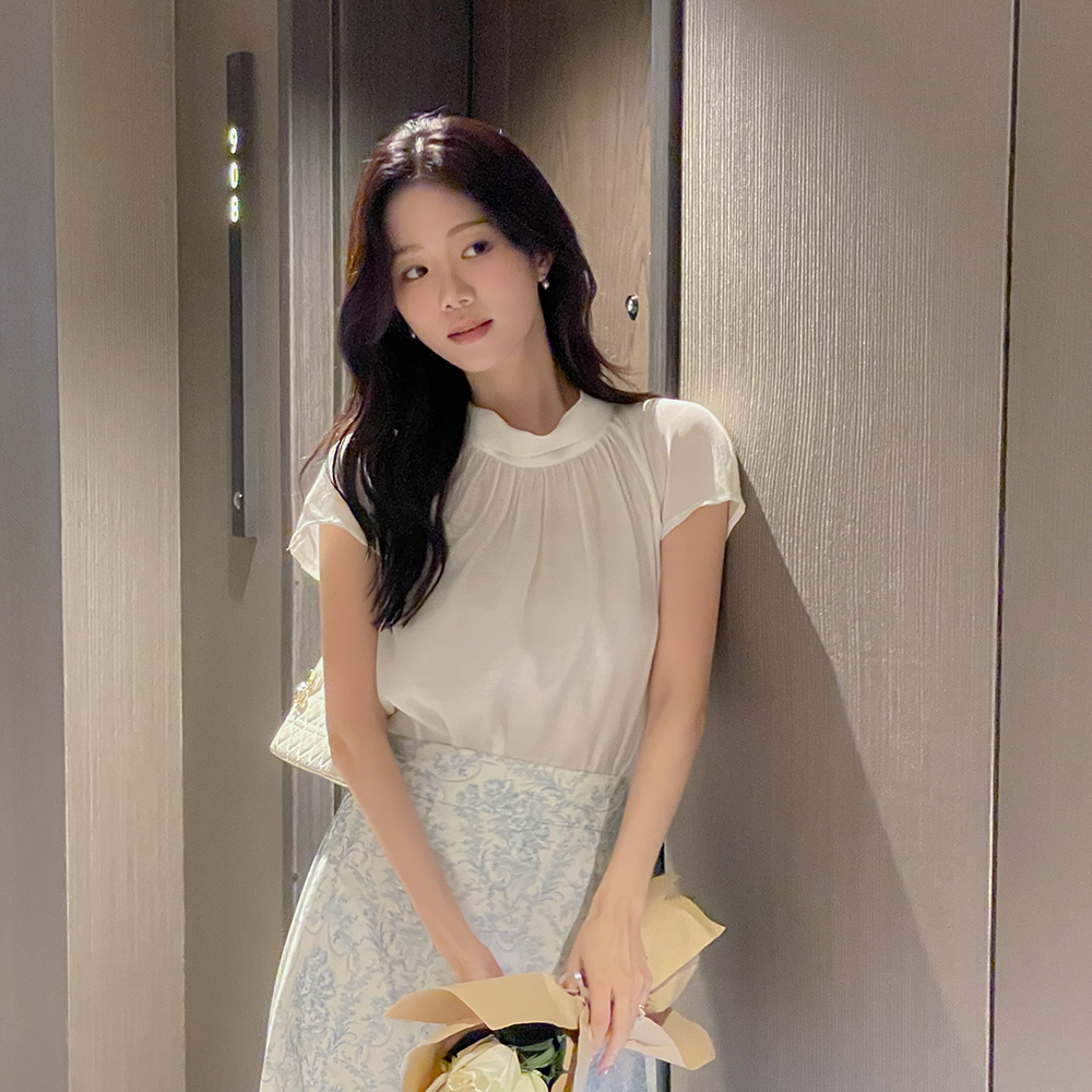 Soft Shirring Neck Back Ribbon See-through Blouse