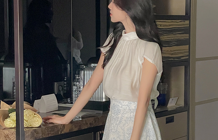 Soft Shirring Neck Back Ribbon See-through Blouse