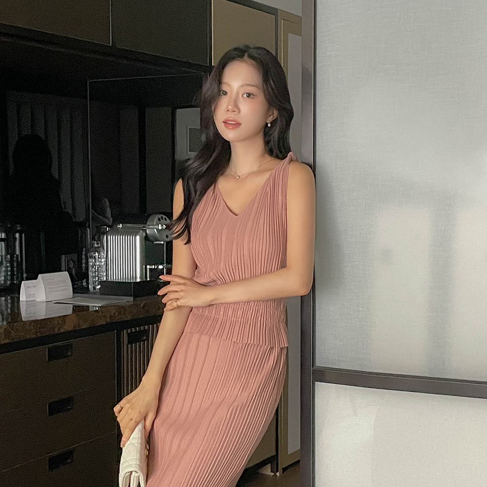 Pleats Knot Sleeveless shirts&H-line Skirt SET