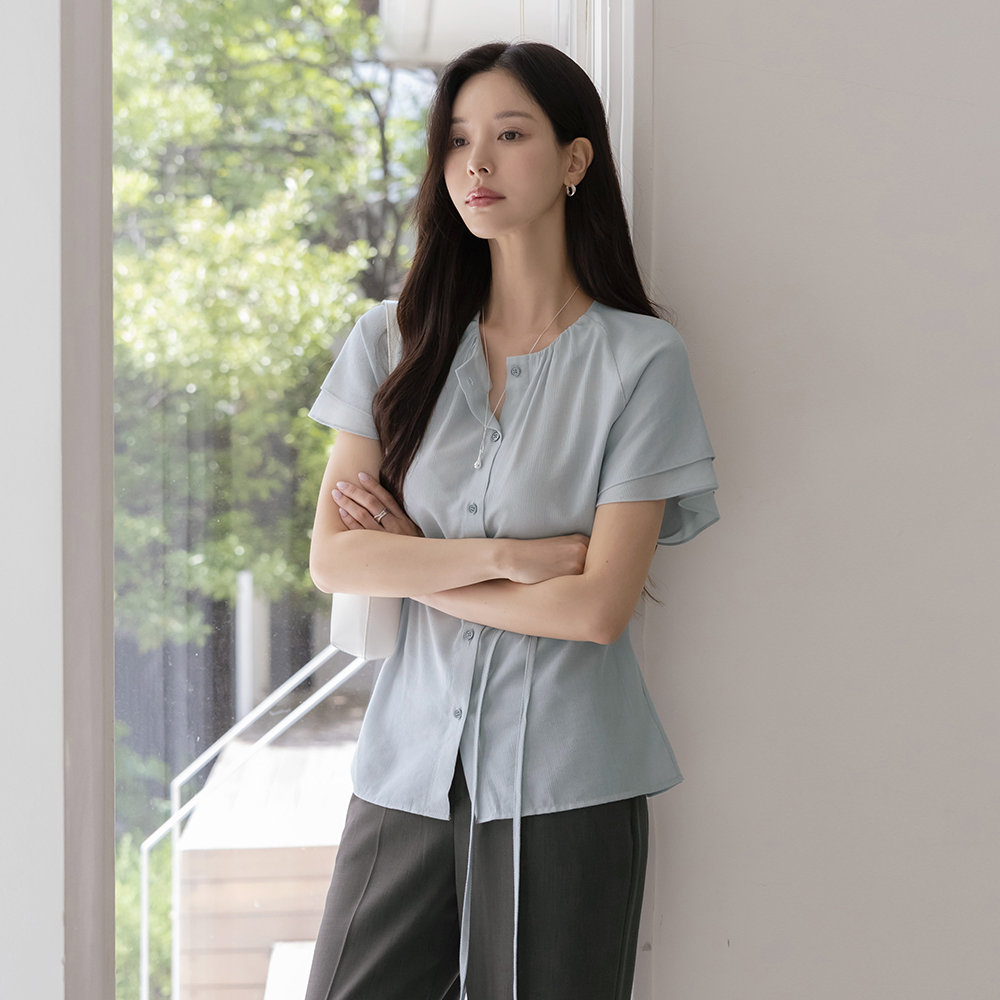 Noble Neck-Shirring Double Wing Sleeves Blouse(+Belt)