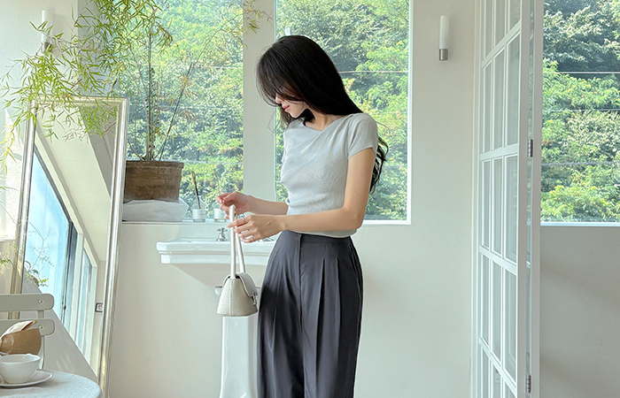 Cool Unbalance Shirring Cowl Neck Tight Corduroy Knit