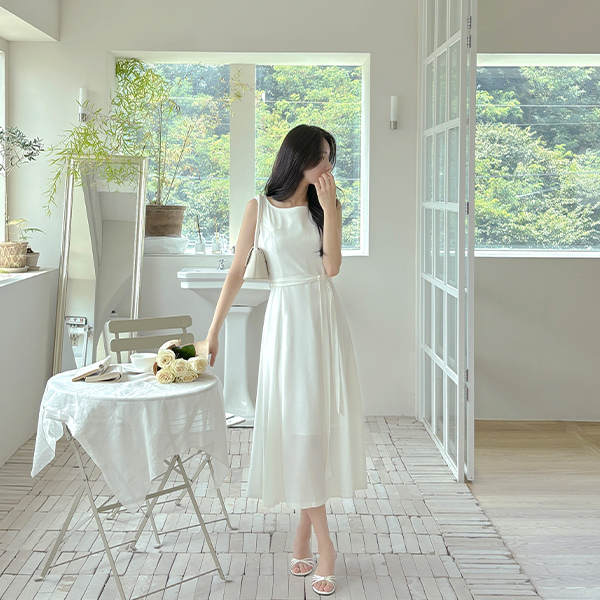Soft A-line Sleeveless shirts Long Dress(+Belt)