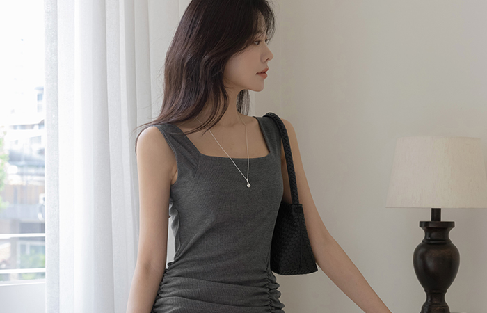 Glam Corduroy Shirring Sleeveless shirts Long Dress