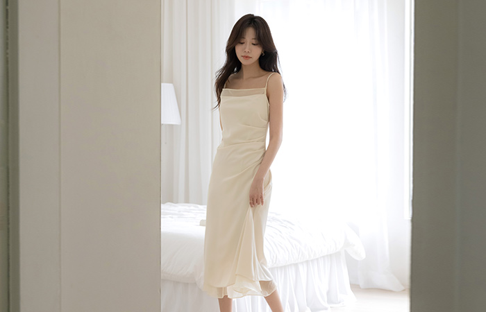 slender See-through Color Combination Shirring String Sleeveless shirts Dress