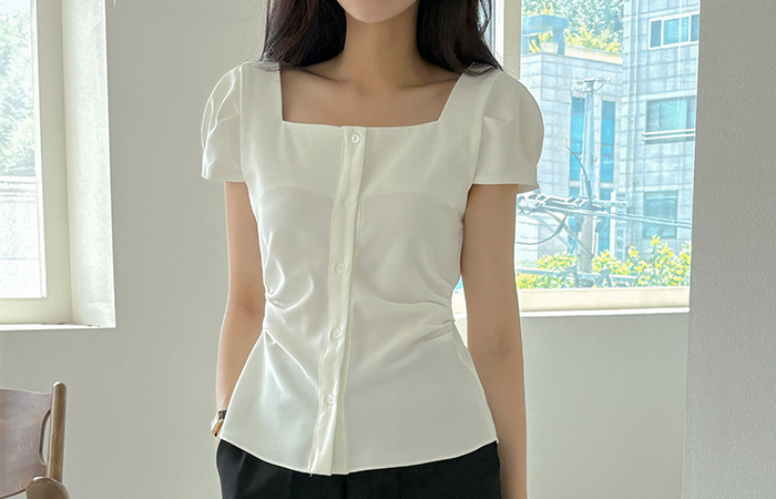 Feminine Shirring Back Ribbon Square Neck Blouse