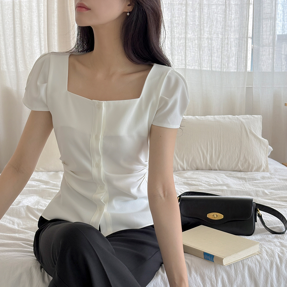 Feminine Shirring Back Ribbon Square Neck Blouse