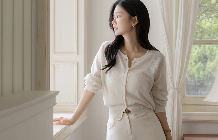 Macaron Raund neck Linen Cardigan