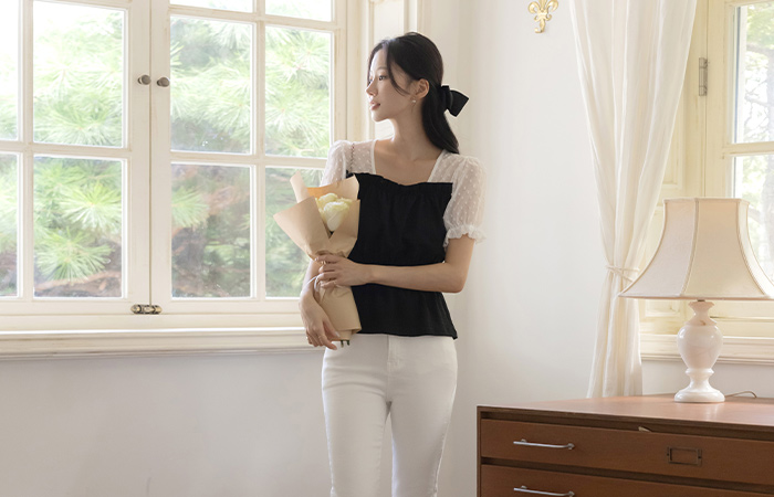 Soft See-through Color Combination Smock Banding Blouse