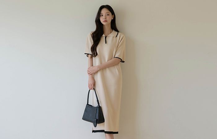 Bamboo Polo Color Combination Long Knit Dress