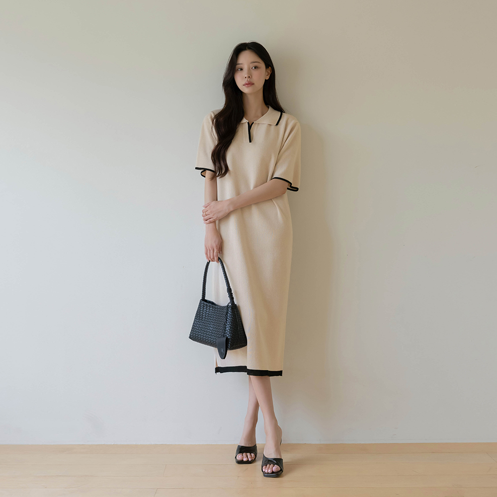 Bamboo Polo Color Combination Long Knit Dress