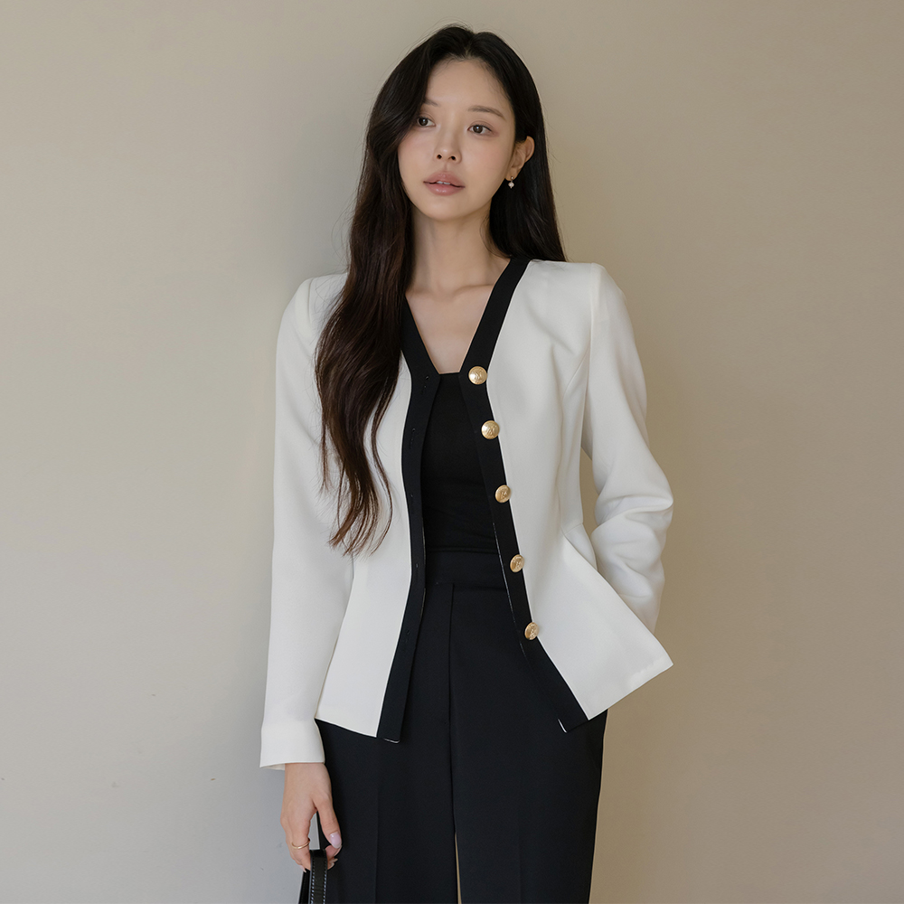 Classic No-collar Color Combination Peplum Jacket