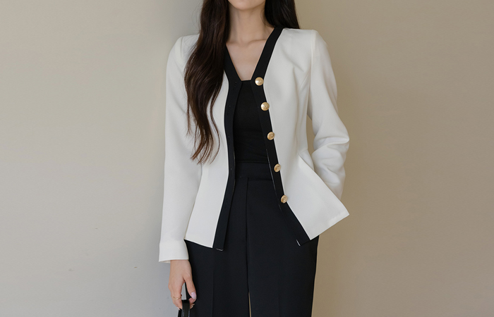 Classic No-collar Color Combination Peplum Jacket