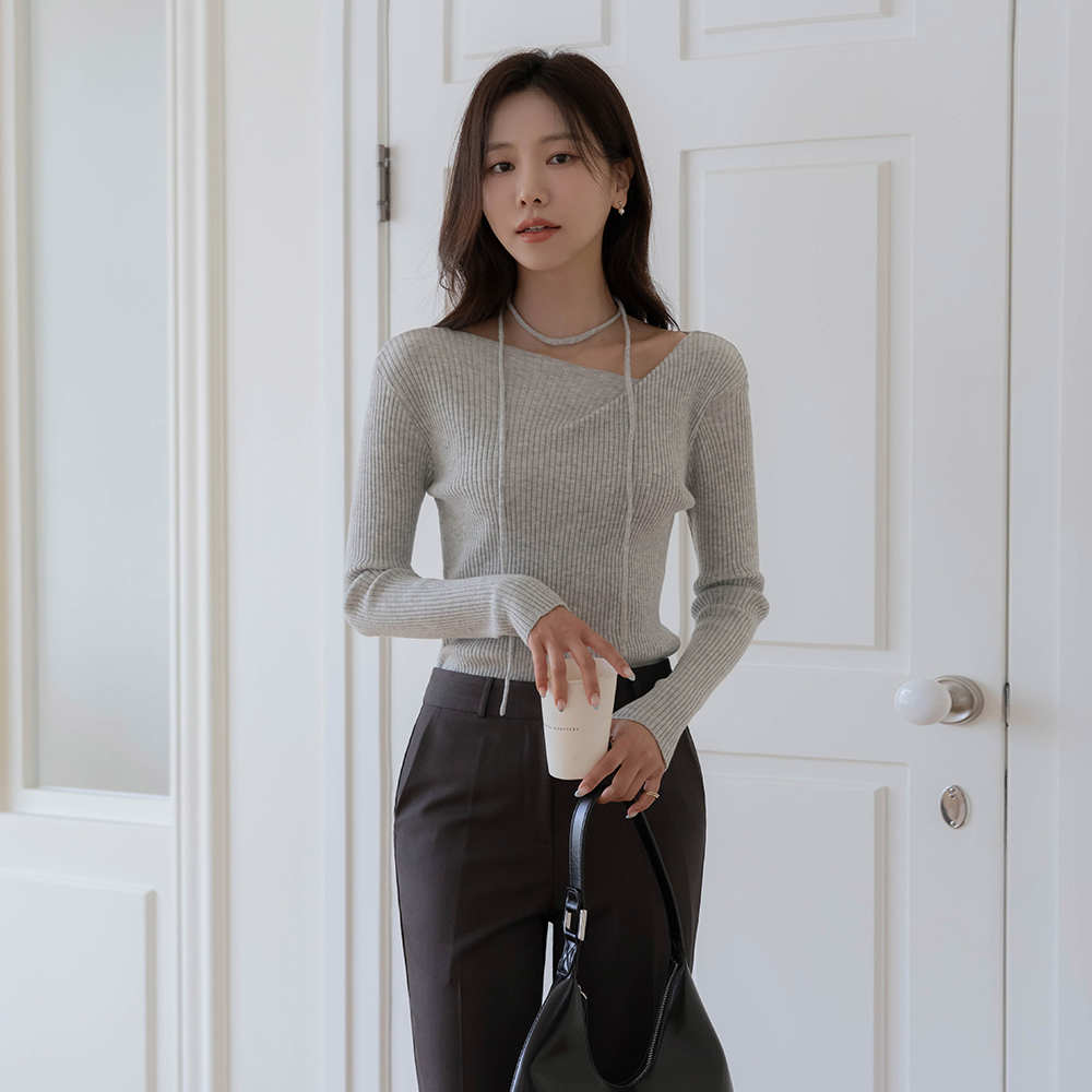 Unbalance Neckline Long-sleeve Corduroy Knit(+Belt)