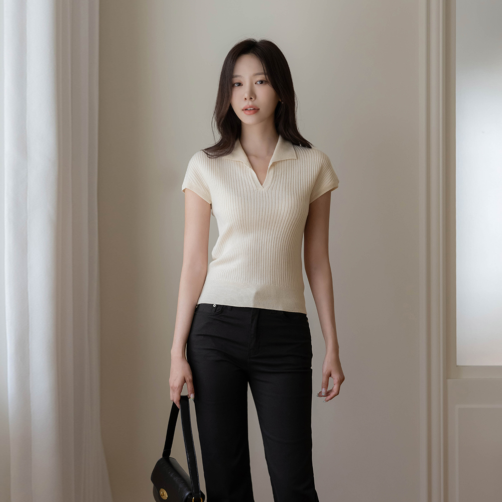 Basic Polo Corduroy Cap-Sleeves Knit