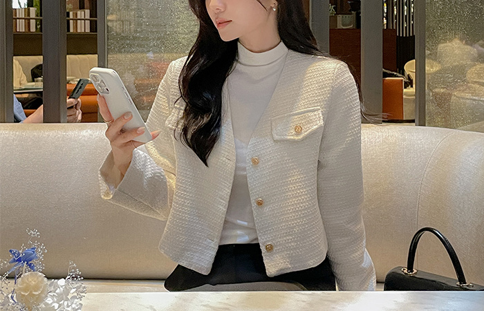 Color V-neck Crop Tweed Jacket
