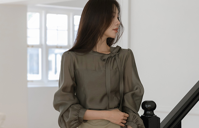 Romantic Ribbon neckline See-through Long-sleeve Blouse