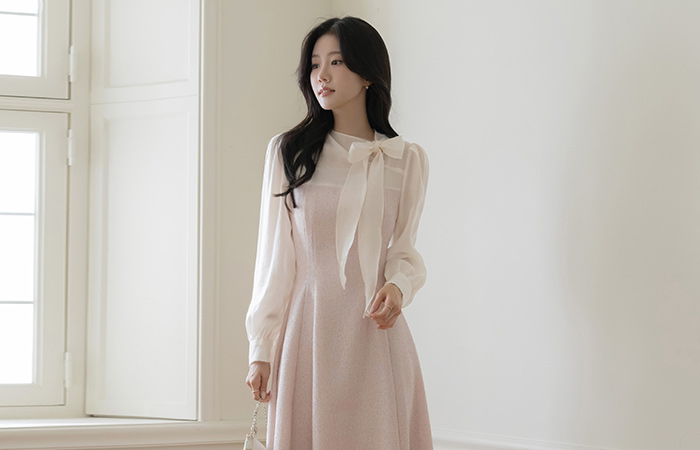 Merry Tie Neck Color Combination Tweed Dress