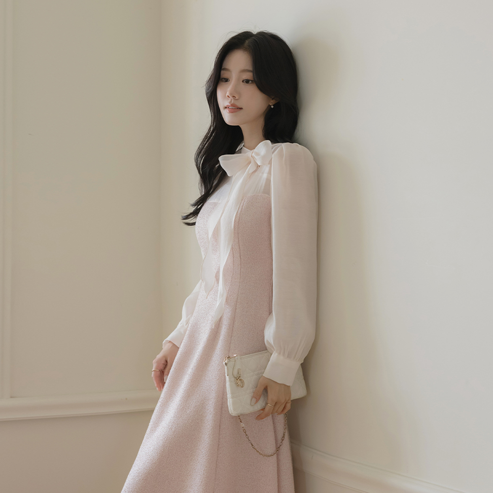 Merry Tie Neck Color Combination Tweed Dress