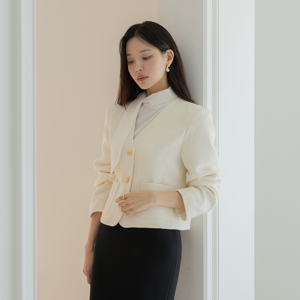 Shine No-collar Gold Button Tweed Jacket