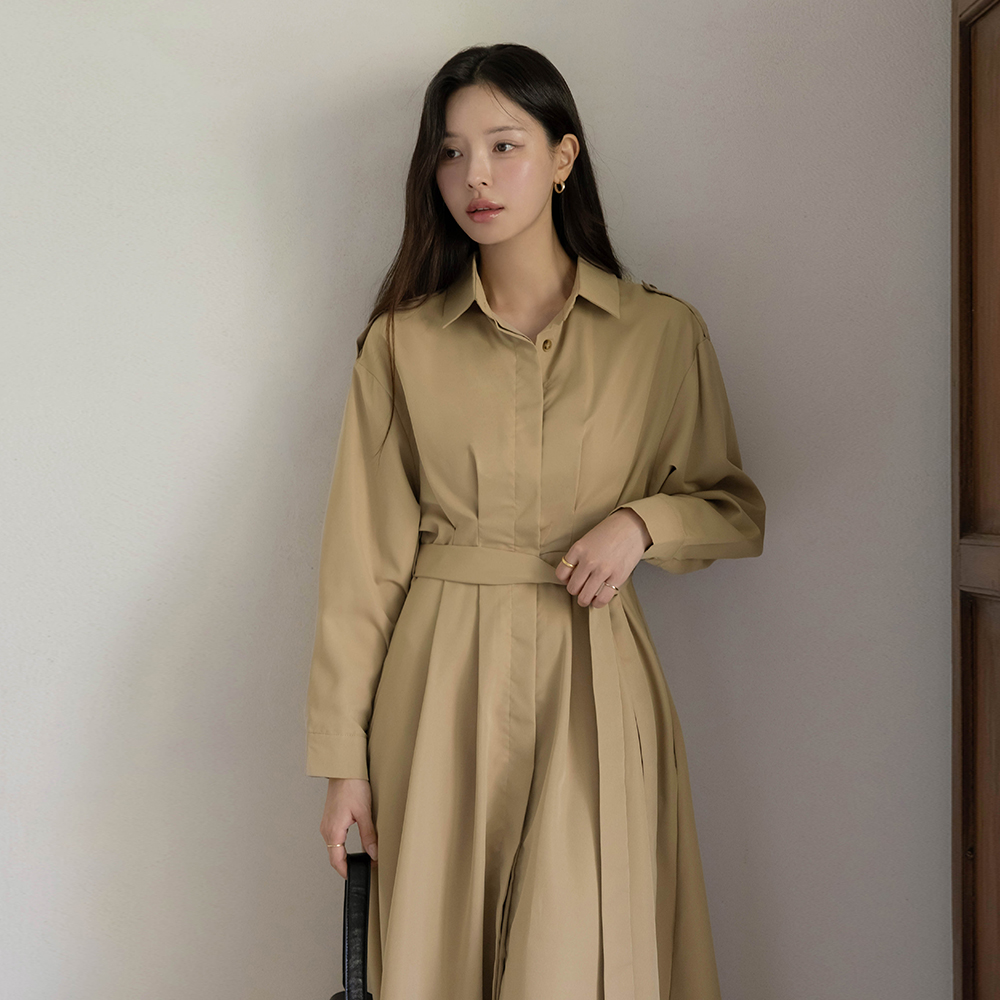 Trench Style A-line Long Dress(+Belt)