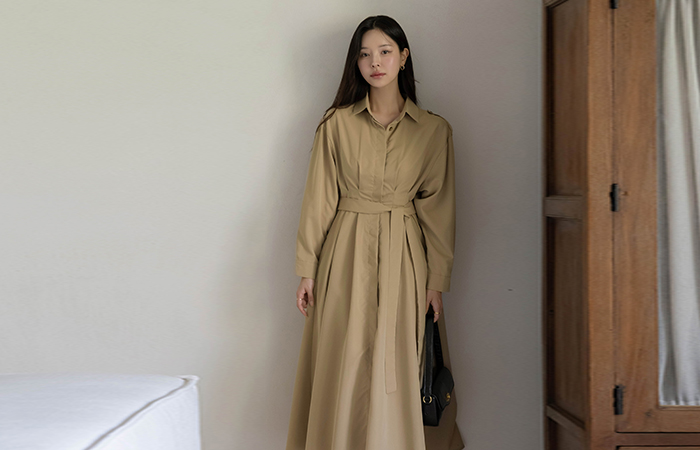 Trench Style A-line Long Dress(+Belt)