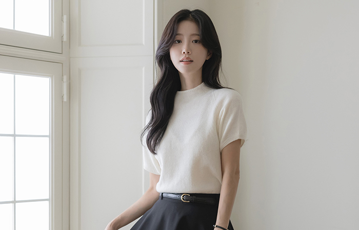 Half-Highneck Whole Garment Wool Short-sleeve Knit