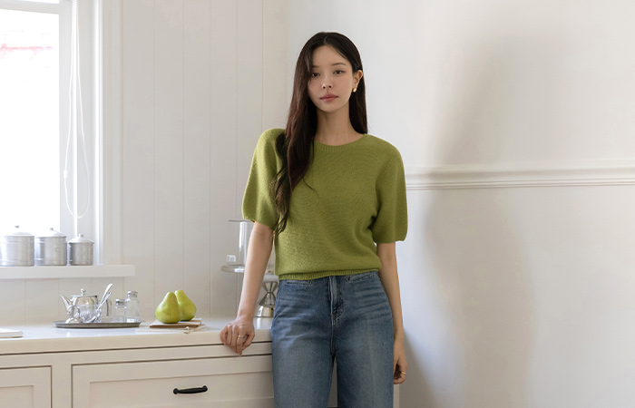 Autumn Raund neck Whole Garment Wool Short-sleeve Knit