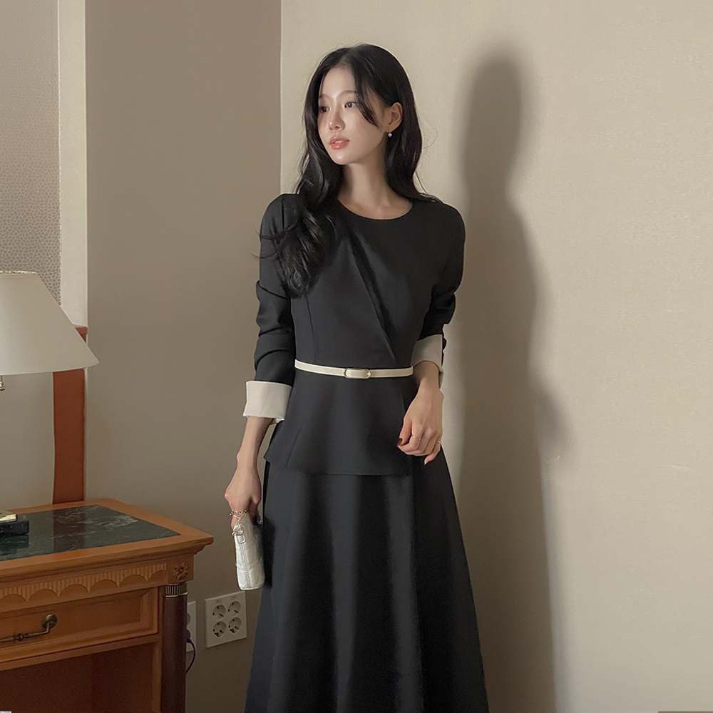Roem Wrap Style Color Combination Dress(+Belt)