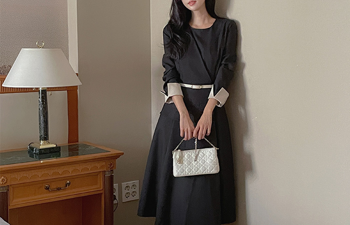 Roem Wrap Style Color Combination Dress(+Belt)