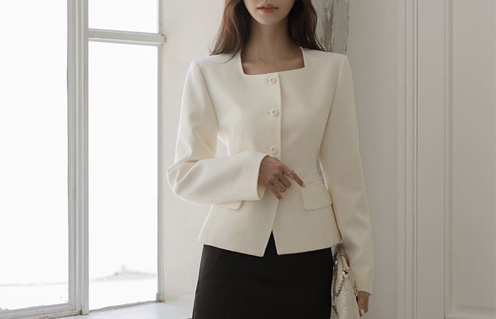 plain Square Neck Peplum Tweed Jacket