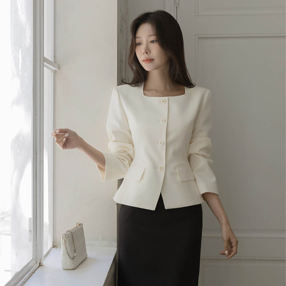 plain Square Neck Peplum Tweed Jacket