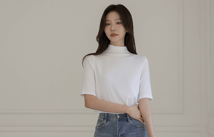 Half-Highneck Cheese Span Midi T-shirt