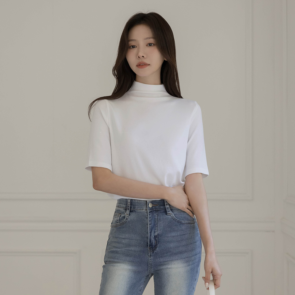 Half-Highneck Cheese Span Midi T-shirt