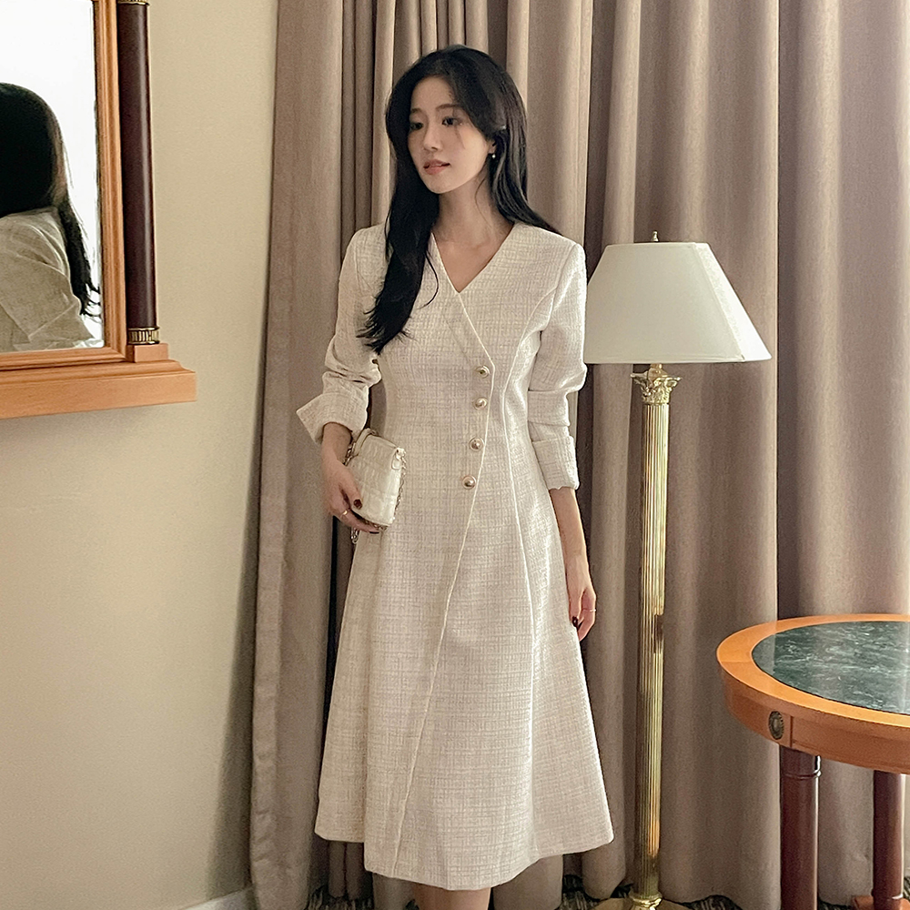 Merry Diagonal Button Tweed Long A-line Dress
