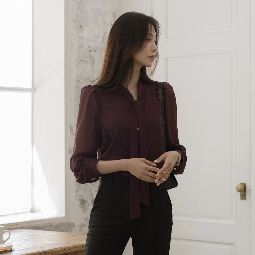 Tie Neck Sleeves See-through Color Combination Blouse