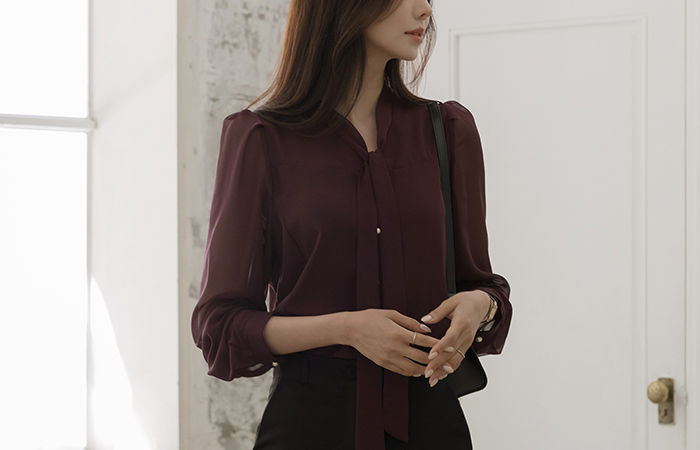 Tie Neck Sleeves See-through Color Combination Blouse
