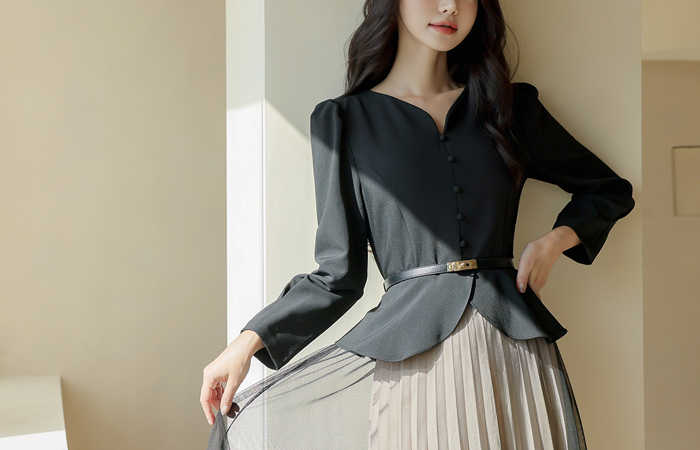 Heart Neck Peplum Tulle Color Combination Pleats Dress