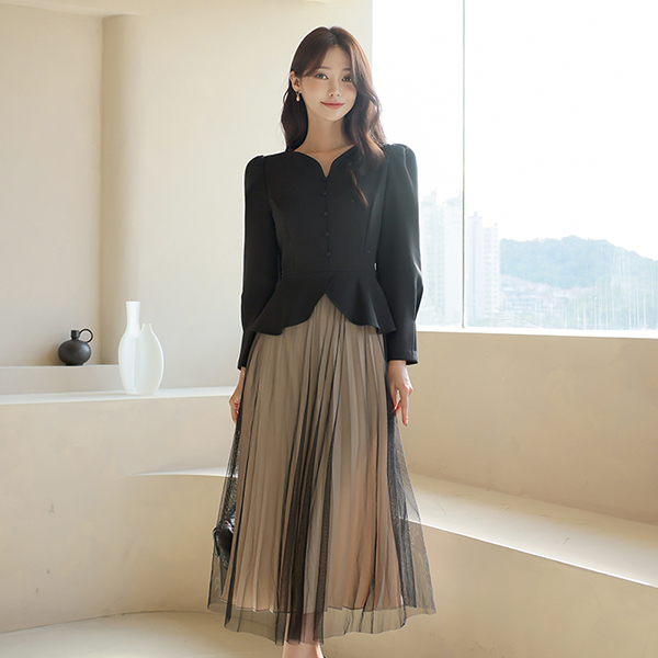 Heart Neck Peplum Tulle Color Combination Pleats Dress