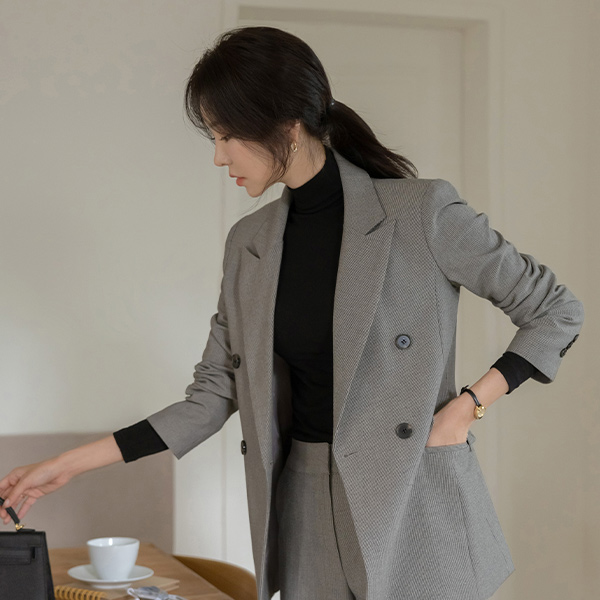잔잔 Check Double Button Set-up Jacket