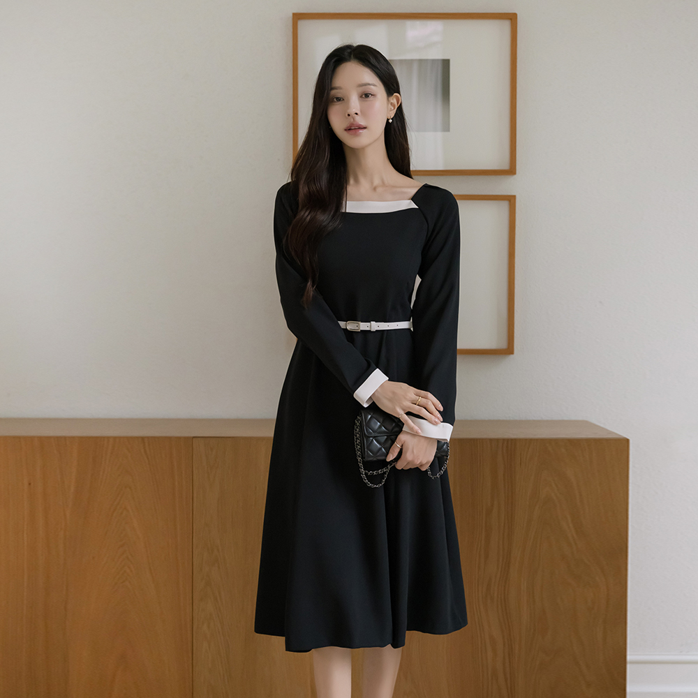 Feminine Square Neck Color Combination A-line Dress(+Belt)